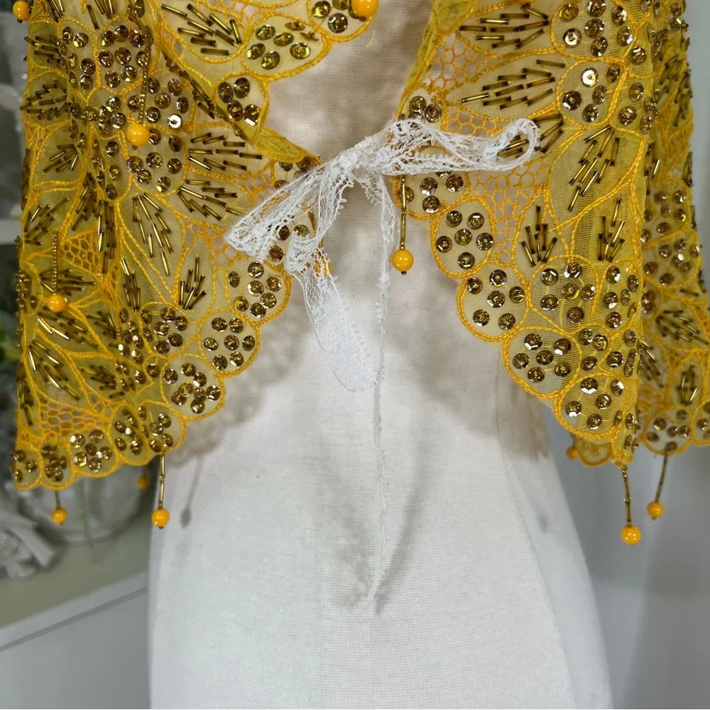 Vintage Funky Yellow Beaded Tie On Top Blouse - Picture 9 of 11